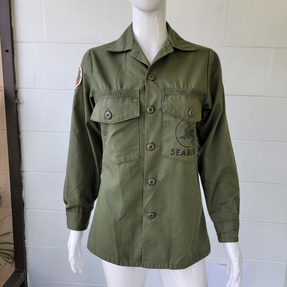 VTG 80s US Navy Utility‎ Shirt Green Men's 13.5x30 Military Core OG 507 Seabees